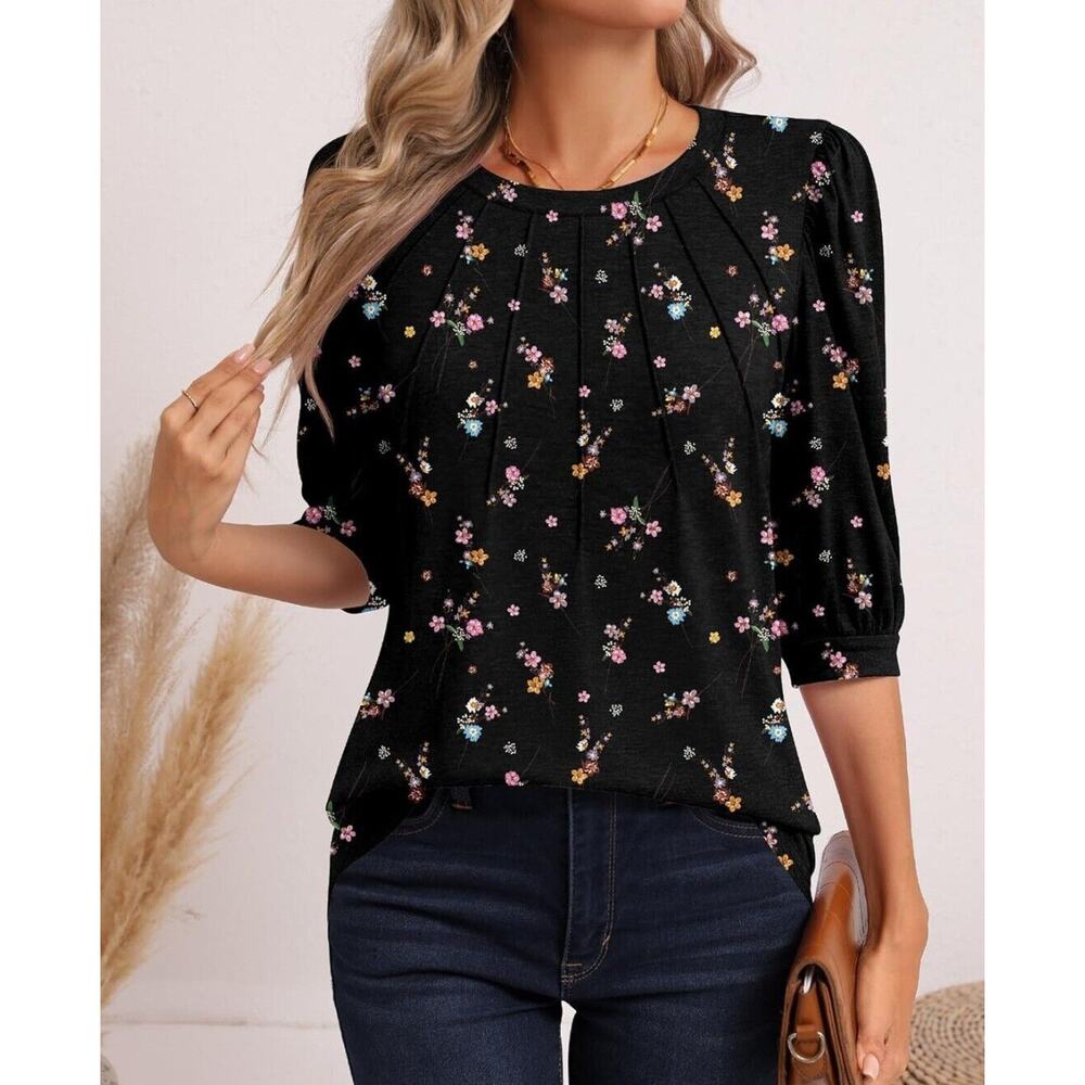 Ficerd Womens Puff 3/4 Sleeve Tunic Top Crew Neck Floral Pleated Blouse XXL